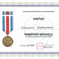 Viliam Korbačka - Pamatná medaila za obetavú prácu SZPB - 11.8.2016